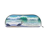 RLDOBOFE Blue Heron Beach Waves Watercolor Pencil Pouch Leather,Small Pen Bags With Zipper For Pencils,Pens,Markers,Makeups,Change,Coins