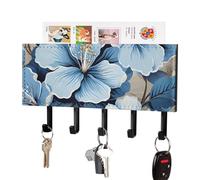 RLDOBOFE Blue Hibiscus Flower Key Holder Wall Mount, Adhesive Key Rail Rack Hanger Holder Black with 5 Hooks, No Drill, Keys Chain Organizer for Living Room, Front Door, Hallway, Office