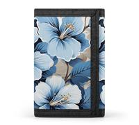 RLDOBOFE Blue Hibiscus Flower Trifold Wallet Minimalist Mens Wallet with Key Hook 8 Card Slots Modern Stylish Polyester Security Wallets Fashion Slim Credit Card Holder Id Window