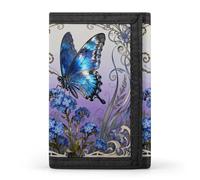 RLDOBOFE Blue Morpho Myosotis Trifold Wallet Minimalist Mens Wallet with Key Hook 8 Card Slots Modern Stylish Polyester Security Wallets Fashion Slim Credit Card Holder Id Window