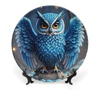 RLDOBOFE Blue Owl Decorative Plate Ceramic Display Plate with Stand Salad Plates Colorful Porcelain Dinner Dishes Dessert Appetizer Dishes for Kitchen Party Table Decor 6inch