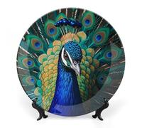 RLDOBOFE Blue Peacock Decorative Plate Ceramic Display Plate with Stand Salad Plates Colorful Porcelain Dinner Dishes Dessert Appetizer Dishes for Kitchen Party Table Decor 10inch