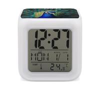 RLDOBOFE Blue Peacock Digital Alarm Clock with 7 Color Changing Wake Up Night Light with LED Temperature Date Display Battery Operated Gifts Room Decor for Home Bedroom