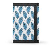 RLDOBOFE Blue Peacock Feather Trifold Wallet Minimalist Mens Wallet with Key Hook 8 Card Slots Modern Stylish Polyester Security Wallets Fashion Slim Credit Card Holder Id Window
