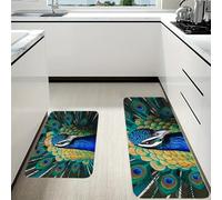 RLDOBOFE Blue Peacock Kitchen Mats Set of 2 Cushioned Anti-Fatigue Non-Slip Kitchen Runner Rugs Comfort Foam Standing Mat Absorbent Floor Rug for Office Sink Home Laundry