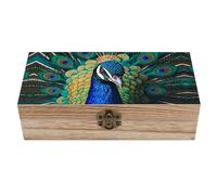 RLDOBOFE Blue Peacock Wooden Keepsake Box with Lids Wood Storage Box with A Hinged Lid Decorative Boxes Table Large Rectangular Organizer Container for Jewelry Photos Craft