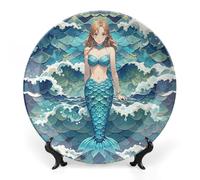 RLDOBOFE Blue Waves Squama Mermaid Scale Decorative Plate Ceramic Display Plate with Stand Salad Plates Colorful Porcelain Dinner Dishes Dessert Appetizer Dishes for Kitchen Party Table Decor 7inch