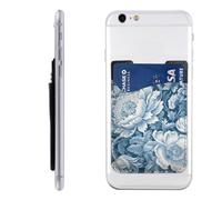 RLDOBOFE Blue White Floral Pattern Phone Wallet, Stick On Card Holder for Back of Phone Case - Leather Cell Phone Card Wallet Sleeve Adhesive Phone Pocket - Compatible with Most Cell Phones