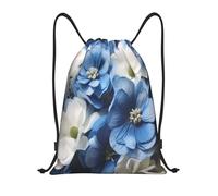 RLDOBOFE Blue White Flower Drawstring Backpack Sports Gym Sackpack Waterproof Swim Bag Men Women Draw String Bag, Black, M