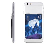 RLDOBOFE Blue Wolf Moon Phone Wallet, Stick On Card Holder for Back of Phone Case - Leather Cell Phone Card Wallet Sleeve Adhesive Phone Pocket - Compatible with Most Cell Phones