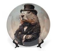 RLDOBOFE Bone China Decorative Plate for Wall, Personalized A Charming Prairie Dog Plates with Display Stand, Chinese Style Decorative Dish 10inch for Living Room, Hallway, Table Decor