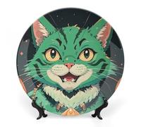 RLDOBOFE Bone China Decorative Plate for Wall, Personalized Anime Green Cat Plates with Display Stand, Chinese Style Decorative Dish 10inch for Living Room, Hallway, Table Decor