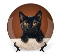 RLDOBOFE Bone China Decorative Plate for Wall, Personalized Cute Peeping Black Cat Plates with Display Stand, Chinese Style Decorative Dish 6inch for Living Room, Hallway, Table Decor
