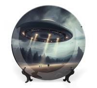 RLDOBOFE Bone China Decorative Plate for Wall, Personalized UFO Landing Plates with Display Stand, Chinese Style Decorative Dish 7inch for Living Room, Hallway, Table Decor