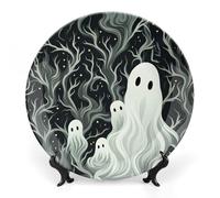RLDOBOFE Bone China Decorative Plate for Wall, Personalized White Patterned Ghost Plates with Display Stand, Chinese Style Decorative Dish 7inch for Living Room, Hallway, Table Decor