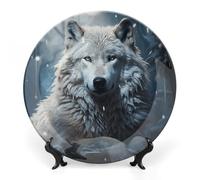 RLDOBOFE Bone China Decorative Plate for Wall, Personalized Wolf Sitting in The Snow Plates with Display Stand, Chinese Style Decorative Dish 7inch for Living Room, Hallway, Table Decor