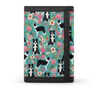 RLDOBOFE Border Collie Florals Trifold Wallet Minimalist Mens Wallet with Key Hook 8 Card Slots Modern Stylish Polyester Security Wallets Fashion Slim Credit Card Holder Id Window