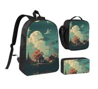 RLDOBOFE Buildings and Trees Backpack Set 3 PCS - 17 Inch Laptop Backpack with Lunch Bag, Waterproof Daypack Insulated Lunch Box Large Capacity Coin Pouch Personalized Gift