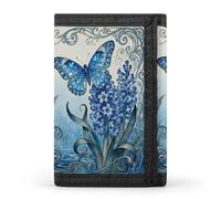 RLDOBOFE Butterfly Hyacinth Cluster Trifold Wallet Minimalist Mens Wallet with Key Hook 8 Card Slots Modern Stylish Polyester Security Wallets Fashion Slim Credit Card Holder Id Window
