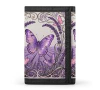 RLDOBOFE Butterfly Lavender Spike Trifold Wallet Minimalist Mens Wallet with Key Hook 8 Card Slots Modern Stylish Polyester Security Wallets Fashion Slim Credit Card Holder Id Window