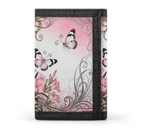 RLDOBOFE Butterfly Oleander Cluster Trifold Wallet Minimalist Mens Wallet with Key Hook 8 Card Slots Modern Stylish Polyester Security Wallets Fashion Slim Credit Card Holder Id Window