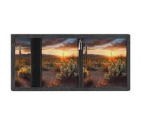RLDOBOFE Cactus Desert Sunset Trifold Wallet Minimalist Mens Wallet with Key Hook 8 Card Slots Modern Stylish Polyester Security Wallets Fashion Slim Credit Card Holder Id Window