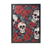 RLDOBOFE Canvas Wall Art Paintings Sugar skulls and red roses Pictures Artwork Framed Photo Prints Modern Wall Decoration Poster Framed Ready to Hang for Kitchen Bathroom Office Home Decor 45x30 CM