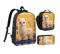 RLDOBOFE Cartoon Alpaca Cute Animal Backpack Set 3 PCS - 17 Inch Laptop Backpack with Lunch Bag, Waterproof Daypack Insulated Lunch Box Large Capacity Coin Pouch Personalized Gift