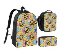 RLDOBOFE Cartoon Bee Pattern Backpack Set 3 PCS - 17 Inch Laptop Backpack with Lunch Bag, Waterproof Daypack Insulated Lunch Box Large Capacity Coin Pouch Personalized Gift