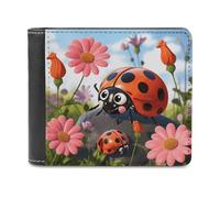 RLDOBOFE Cartoon Ladybug Flower Wallet Passcase for Men, Extra Capacity Bifold Leather Wallets with ID Windows, Slim Stylish Wallet for Gift, Blocking Money Clip for Cards, Coin Pouch