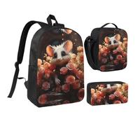 RLDOBOFE Cartoon Opossum and Roses Backpack Set 3 PCS - 17 Inch Laptop Backpack with Lunch Bag, Waterproof Daypack Insulated Lunch Box Large Capacity Coin Pouch Personalized Gift