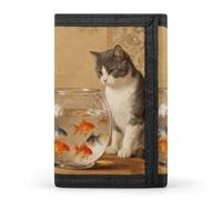 RLDOBOFE Cat And Fish Bowl Trifold Wallet Minimalist Mens Wallet with Key Hook 8 Card Slots Modern Stylish Polyester Security Wallets Fashion Slim Credit Card Holder Id Window