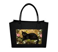 RLDOBOFE Cat And Flower Felt Tote Bag Reusable Foldable Grocery Bag Versatile Large Capacity Commuter Handbag, Black, One Size