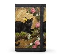 RLDOBOFE Cat And Flower Trifold Wallet Minimalist Mens Wallet with Key Hook 8 Card Slots Modern Stylish Polyester Security Wallets Fashion Slim Credit Card Holder Id Window