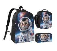 RLDOBOFE Cat Astronaut Backpack Set 3 PCS - 17 Inch Laptop Backpack with Lunch Bag, Waterproof Daypack Insulated Lunch Box Large Capacity Coin Pouch Personalized Gift