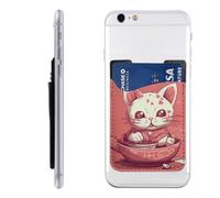 RLDOBOFE Cat Eats Soup Phone Wallet, Stick On Card Holder for Back of Phone Case - Leather Cell Phone Card Wallet Sleeve Adhesive Phone Pocket - Compatible with Most Cell Phones