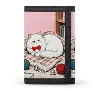 RLDOBOFE Cat on Knitted Blanket Trifold Wallet Minimalist Mens Wallet with Key Hook 8 Card Slots Modern Stylish Polyester Security Wallets Fashion Slim Credit Card Holder Id Window