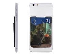 RLDOBOFE Cat on Table Phone Wallet, Stick On Card Holder for Back of Phone Case - Leather Cell Phone Card Wallet Sleeve Adhesive Phone Pocket - Compatible with Most Cell Phones