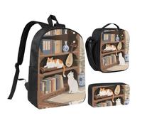 RLDOBOFE Cat on the Shelf Backpack Set 3 PCS - 17 Inch Laptop Backpack with Lunch Bag, Waterproof Daypack Insulated Lunch Box Large Capacity Coin Pouch Personalized Gift