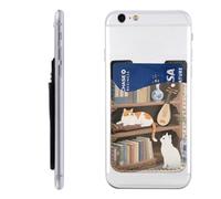 RLDOBOFE Cat on the Shelf Phone Wallet, Stick On Card Holder for Back of Phone Case - Leather Cell Phone Card Wallet Sleeve Adhesive Phone Pocket - Compatible with Most Cell Phones