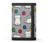RLDOBOFE Cat & Yarn Trifold Wallet Minimalist Mens Wallet with Key Hook 8 Card Slots Modern Stylish Polyester Security Wallets Fashion Slim Credit Card Holder Id Window