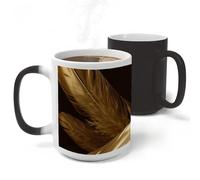 RLDOBOFE Ceramic Discoloration Mug for Office, 11 Oz Heat Changing Mugs for Party, Personalized Golden Feathers Coffee Cup with Handle, Funny Magic Tea Cups for Birthday Gifts