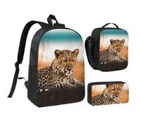 RLDOBOFE Cheetah Waiting for an Opportunity Backpack Set 3 PCS - 17 Inch Laptop Backpack with Lunch Bag, Waterproof Daypack Insulated Lunch Box Large Capacity Coin Pouch Personalized Gift