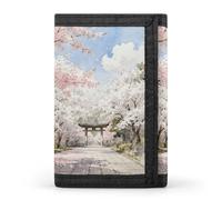 RLDOBOFE Cherry Blossom Archway Trifold Wallet Minimalist Mens Wallet with Key Hook 8 Card Slots Modern Stylish Polyester Security Wallets Fashion Slim Credit Card Holder Id Window