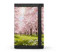 RLDOBOFE Cherry Blossom Meadow Trifold Wallet Minimalist Mens Wallet with Key Hook 8 Card Slots Modern Stylish Polyester Security Wallets Fashion Slim Credit Card Holder Id Window