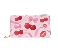 RLDOBOFE Cherry Pink Bow With Red Lips Leather Wallet for Women Long Coin Purse Ultra Slim Credit Cards Holder Bifold Clutch