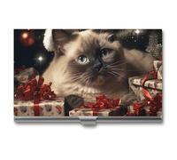 RLDOBOFE Christmas Siamese Cat Business Card Holder, Slim Aluminum Alloy Card Case, Pocket Name Card Organizer Holder Wallet for Woman, Man, Pocket Or Bag Storage, Office Workers