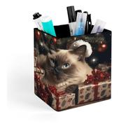 RLDOBOFE Christmas Siamese Cat Square Pen Holder Non Slip Pencil Organizer PU Leather Makeup Brush Storage Organizer Personalized Pen Cup Caddy for Desk Office Classroom Home
