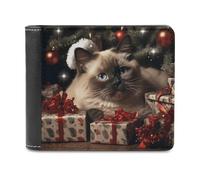 RLDOBOFE Christmas Siamese Cat Wallet Passcase for Men, Extra Capacity Bifold Leather Wallets with ID Windows, Slim Stylish Wallet for Gift, Blocking Money Clip for Cards, Coin Pouch