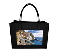 RLDOBOFE Cinque Terre Scenery Felt Tote Bag Reusable Foldable Grocery Bag Versatile Large Capacity Commuter Handbag, Black, One Size